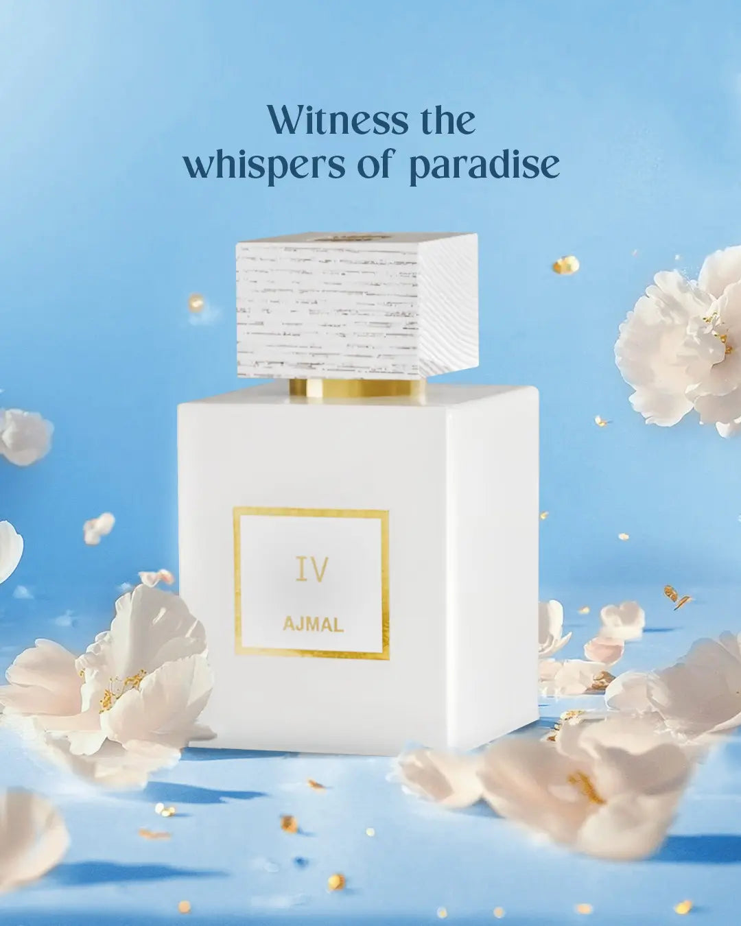 Blanche IV by Ajmal Eau de Parfum white bottle with gold label surrounded by white cherry blossoms