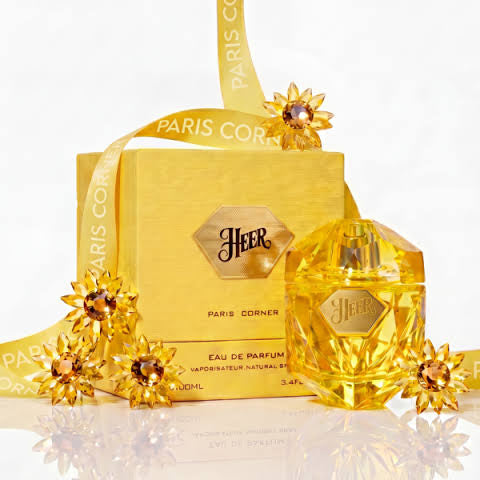Heer by Paris Corner Eau de Parfum 100ml with gold sunflower accents and yellow gift box