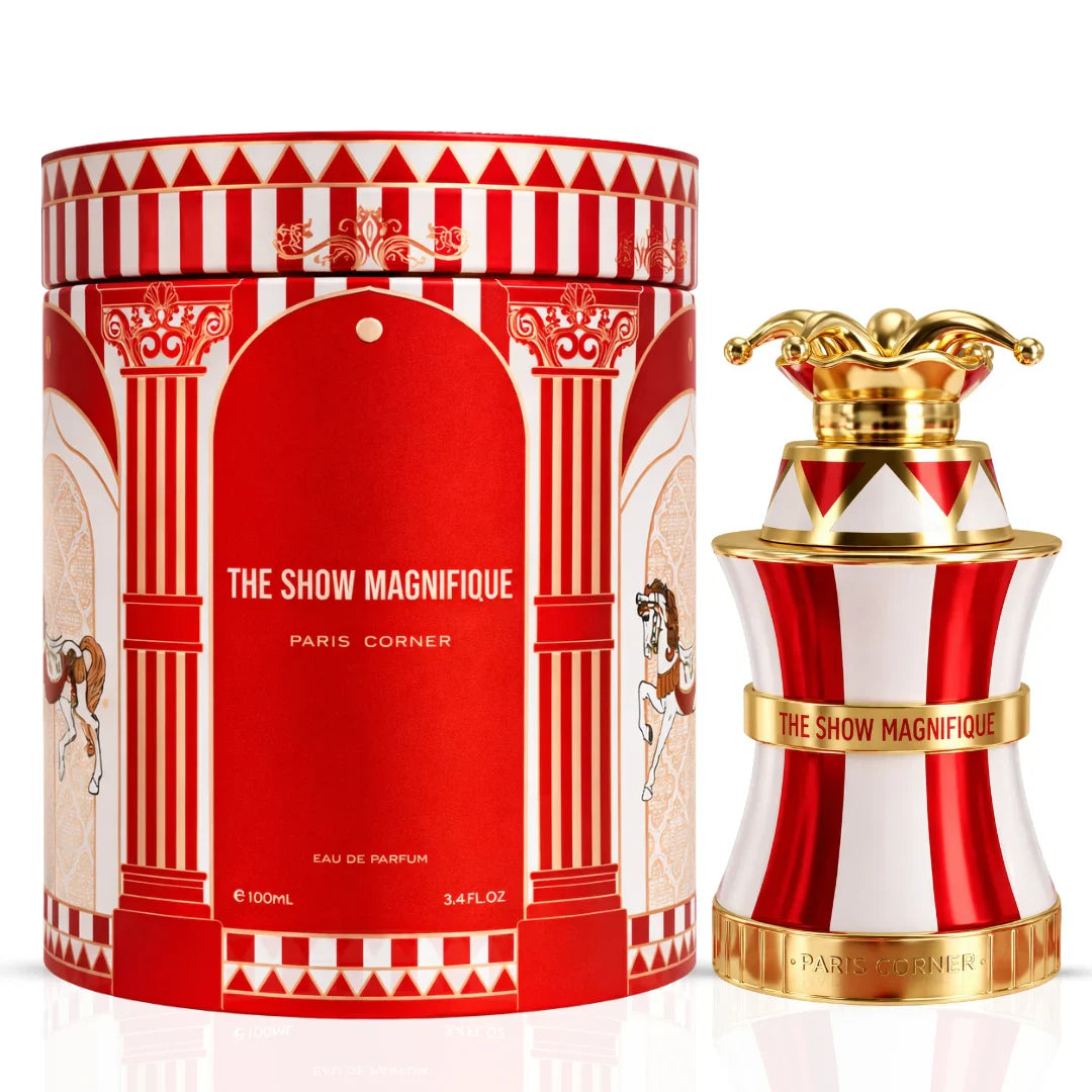 The Show Magnifique Eau de Parfum by Paris Corner — red and white striped jester bottle with circus-themed box