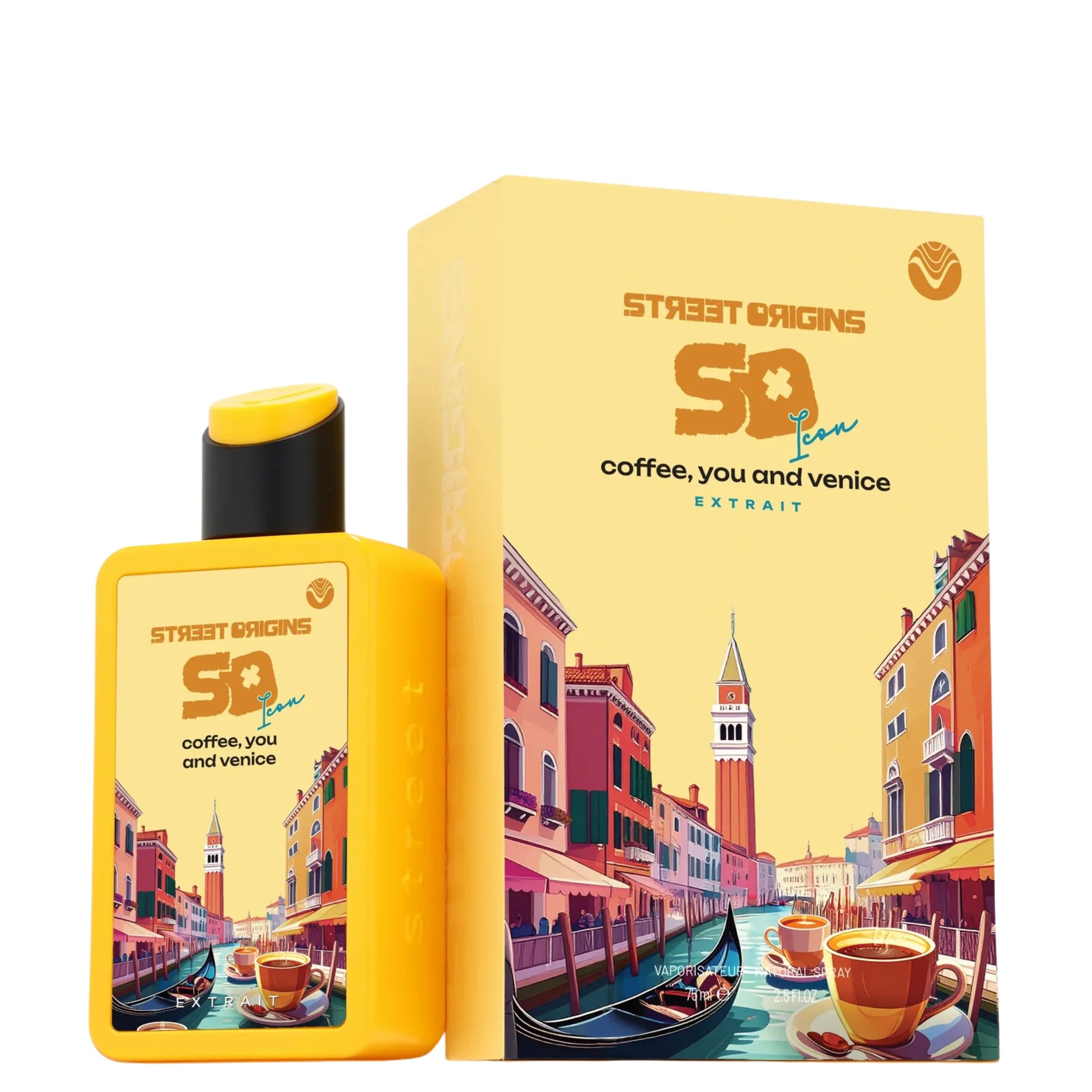 Coffee, You and Venice Extrait de Parfum by Street Origins — yellow bottle and box with Venice canal artwork