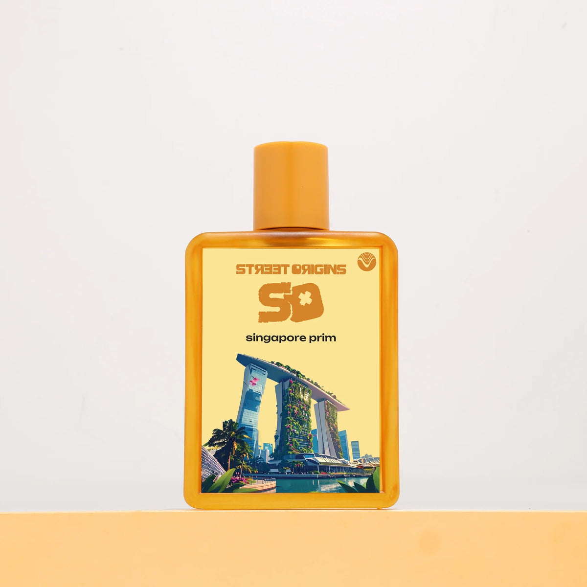 Singapore Prim by Street Origins — amber gold bottle with Marina Bay Sands Singapore skyline artwork