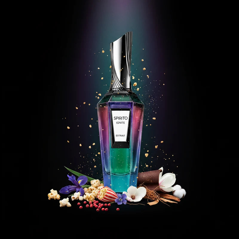 Spirito Ignite by French Avenue Extrait de Parfum iridescent bottle with iris, popcorn and magnolia ingredients